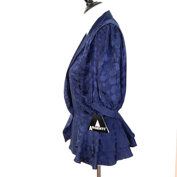 New Vintage Argenti Silk Floral Jacquard  Navy/Purple Peplum Blouse Size 8 - Picture 13 of 16